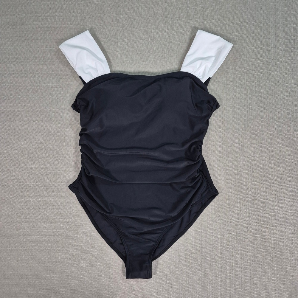 B2PRITY Women Black White Colorblock Ruched Tummy Control One Piece Swimsuit L